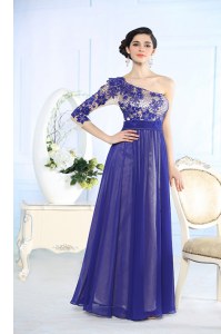 Blue Prom Dresses Prom and Party and For with Beading and Appliques One Shoulder Long Sleeves Side Zipper