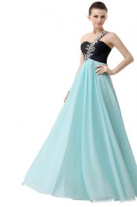 Fashionable Blue And Black Pageant Dress for Teens Prom and For with Beading and Ruffles One Shoulder Sleeveless Zipper