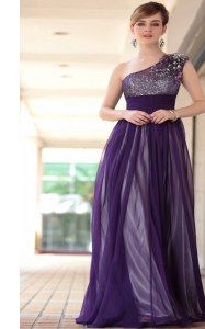 Comfortable One Shoulder Sleeveless Side Zipper Floor Length Beading and Appliques Prom Evening Gown