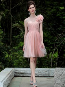 Stunning One Shoulder Knee Length Peach Prom Evening Gown Tulle Sleeveless Beading and Hand Made Flower