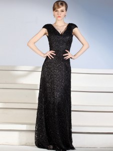 Elegant Cap Sleeves With Train Beading and Lace Side Zipper with Black Brush Train
