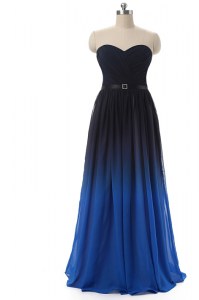 Floor Length Blue And Black Dress for Prom Chiffon Sleeveless Ruching and Belt