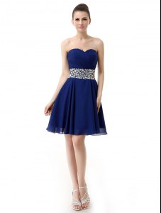Clearance Blue Chiffon Lace Up Prom Gown Sleeveless Mini Length Beading and Ruffles