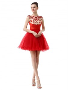 Fine Red Organza Zipper Cocktail Dress Cap Sleeves Mini Length Beading and Ruching