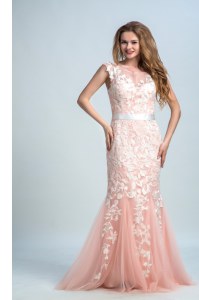 Sleeveless Tulle and Lace Floor Length Zipper Prom Party Dress in Peach with Lace
