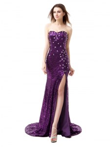 Mermaid Sleeveless Floor Length Beading and Ruffles Side Zipper Glitz Pageant Dress with Purple Brush Train