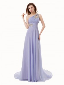 Top Selling One Shoulder Lavender Sleeveless Floor Length Beading Zipper Homecoming Dress