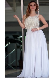 Hot Sale White Zipper Straps Beading Prom Dresses Satin Sleeveless
