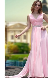 Sweet V-neck Sleeveless Zipper Prom Gown Pink Chiffon