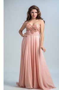 Baby Pink Zipper Prom Party Dress Beading Sleeveless With Brush Train