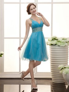 Aqua Blue Straps Neckline Beading Prom Party Dress Sleeveless Zipper