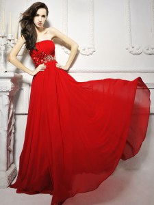 Enchanting Chiffon Strapless Sleeveless Brush Train Lace Up Beading and Ruching Evening Dress in Red
