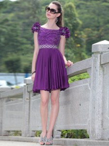 Scoop Sleeveless Knee Length Beading and Hand Made Flower Zipper Cocktail Dresses with Purple