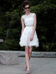 Clearance Scoop Mini Length White Organza Sleeveless Beading and Belt