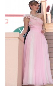 Hot Pink Chiffon Side Zipper One Shoulder Sleeveless Floor Length Prom Evening Gown Beading and Hand Made Flower