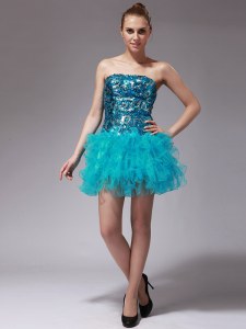 Sleeveless Mini Length Beading and Ruffles Zipper Prom Party Dress with Aqua Blue