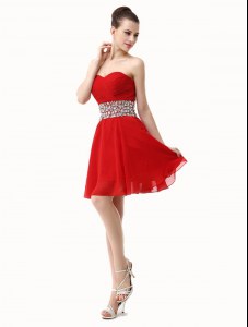 Red Lace Up Club Wear Beading and Ruffles Sleeveless Mini Length
