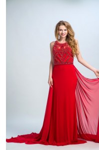 Designer Scoop Sleeveless Court Train Side Zipper Prom Gown Red Chiffon