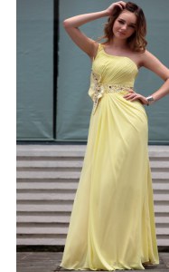 Comfortable Light Yellow One Shoulder Side Zipper Beading Prom Gown Sleeveless