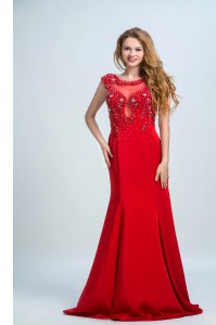 Mermaid Scoop Chiffon Sleeveless With Train Prom Gown Brush Train and Beading