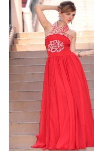 Halter Top Coral Red Sleeveless Chiffon Side Zipper Prom Gown for Prom and Party