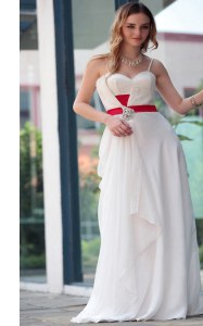 Captivating Floor Length Side Zipper Prom Gown White for Prom and Party with Belt