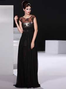 Dynamic Scoop Floor Length Black Prom Dresses Chiffon Sleeveless Appliques