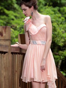 One Shoulder Sleeveless Prom Evening Gown Floor Length Beading Pink Chiffon