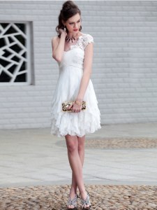 Fashionable One Shoulder Organza Sleeveless Mini Length Prom Party Dress and Lace and Ruffles