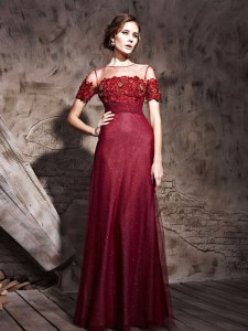 Burgundy Zipper Dress for Prom Beading Short Sleeves Floor Length