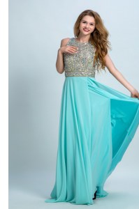 Simple Scoop Aqua Blue Sleeveless With Train Beading Backless Homecoming Party Dress