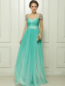 Spectacular Turquoise Cap Sleeves Beading and Ruching Prom Gown