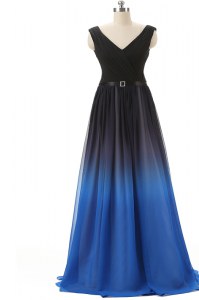 Best Selling Blue And Black Chiffon Lace Up Evening Dress Sleeveless Brush Train Beading