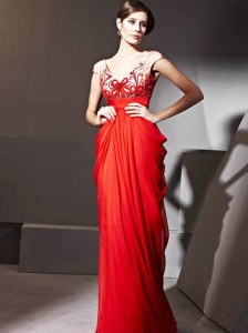 Chic Floor Length Red Pageant Dresses V-neck Cap Sleeves Zipper