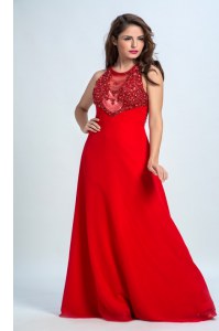Artistic Scoop Sleeveless Floor Length Beading Zipper Prom Gown with Red