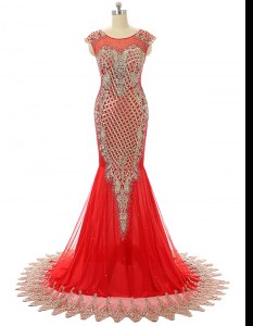 Luxurious Scoop Zipper Evening Party Dresses Red for Prom and Party with Beading and Lace Brush Train