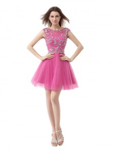 Rose Pink Column/Sheath Scoop Cap Sleeves Chiffon Mini Length Zipper Beading and Sequins and Pleated Cocktail Dress