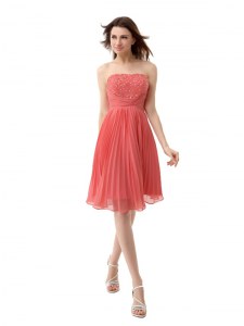 Lovely Watermelon Red Cocktail Dresses Prom and Party and For with Beading and Pleated Strapless Sleeveless Zipper