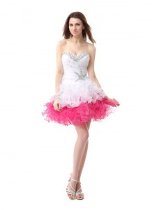 Sumptuous Pink And White Organza Lace Up Sweetheart Sleeveless Knee Length Cocktail Dresses Beading and Ruffles