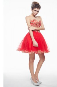 Coral Red Organza Side Zipper Sweetheart Sleeveless Mini Length Cocktail Dresses Appliques and Ruffles
