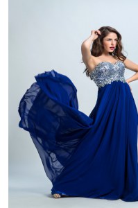 Custom Designed Brush Train Column/Sheath Dress for Prom Royal Blue Sweetheart Chiffon Sleeveless With Train Zipper