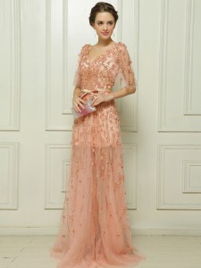 Peach Cap Sleeves With Train Beading and Appliques Zipper Evening Dress