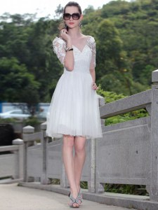 White Homecoming Dress Online Prom and Party and For with Lace V-neck Sleeveless Zipper