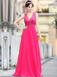 Sequins V-neck Sleeveless Brush Train Zipper Pageant Dress Hot Pink Chiffon