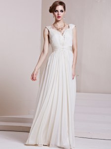Dramatic White Column/Sheath Beading and Ruching Prom Gown Backless Chiffon Cap Sleeves Floor Length