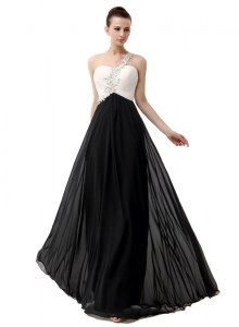 One Shoulder Sleeveless Chiffon Floor Length Zipper Pageant Gowns in White And Black with Beading