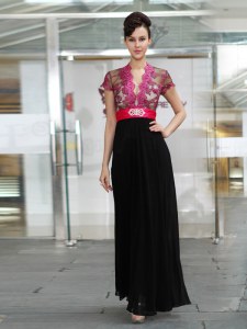 Red And Black Zipper Evening Dress Appliques and Ruching Short Sleeves Ankle Length