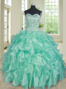 Modern Apple Green Organza Lace Up Sweet 16 Dresses Sleeveless Floor Length Beading and Ruffles