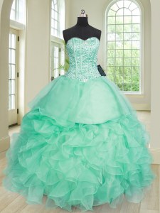 Custom Designed Apple Green Ball Gowns Sweetheart Sleeveless Organza Floor Length Lace Up Beading and Ruffles Quinceanera Dress