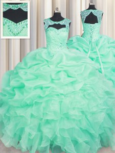 Designer Apple Green Lace Up Scoop Beading and Ruffles and Pick Ups Sweet 16 Dress Organza Sleeveless